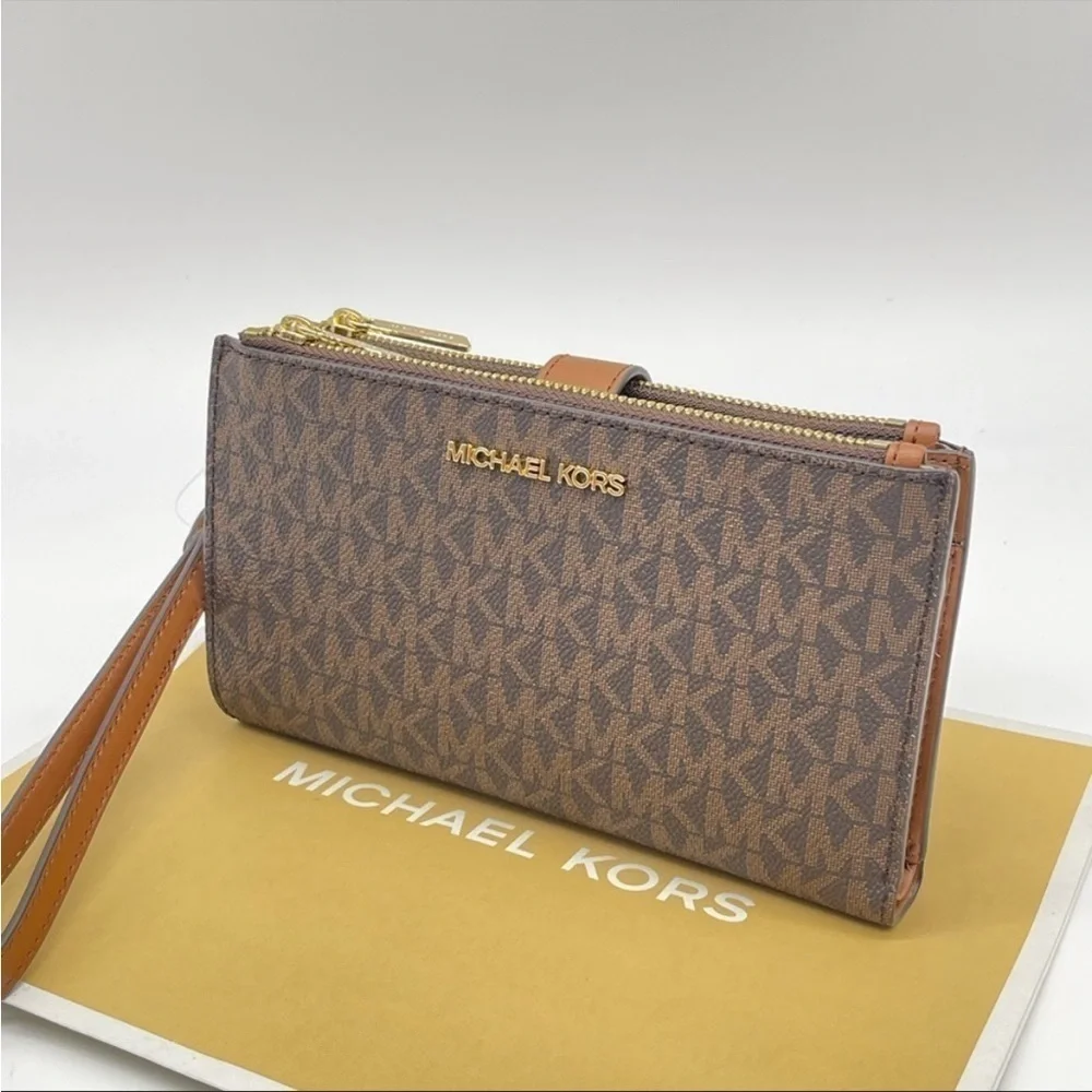 Michael Kors Large Double Zip Wallet Wristlet Leather Rich Brown